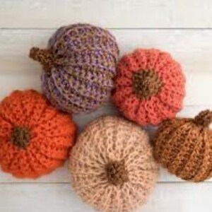 May include: Five handmade crochet pumpkins in various colors: orange, peach, purple, and brown. Each pumpkin has a textured surface and a brown stem. Perfect for fall decor or seasonal crafts.