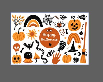 Happy halloween Boho abstract set. Bohemian mystical magic collection creative contemporary aesthetic doodle elements, png, svg, ai