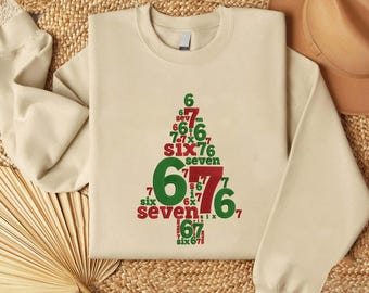 Stickdatei: 6 7 Baum Weihnachten gestickt, 6 7 lustig Trendy, Six Seven Weihnachten, Viral 6 7 Meme, lustige Weihnachten Stickdatei.