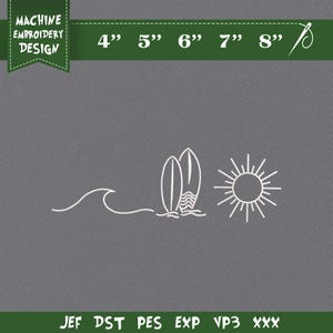 Peut inclure: Motif de broderie machine avec un dessin au trait blanc représentant une vague, deux planches de surf et un soleil. Le texte "MACHINE EMBROIDERY DESIGN" et des indications de taille de 10 cm à 20 cm sont inclus.