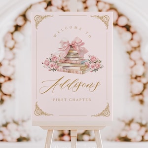 Panneau de bienvenue d'anniversaire One for the Books | Poster du chapitre un | Modèle de livre de contes pour le premier anniversaire numérique | Carte florale rose de livres de Zazzle.be Liste d'envies Vous avez des idées ? AJOUT
