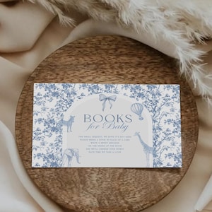 Safari Toile babyshowerboekkaart digitaal | Blauwe Toile De Jouy-boeken voor baby's | Sjabloon babyshower chinoiserie | BRIT