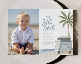 The Big One Digital Invite with Photo | Blue Ocean Surf Birthday Invitation Template | Boy 1st Birthday Party | Beach Party Printable | BOD