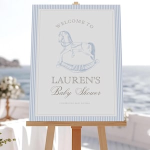 Placa de boas-vindas para chá de bebê com cavalinho de balanço | Modelo digital para chá de bebê azul | Oh Boy | Pôster para chá de bebê de menino fofo para impressão | BRIT