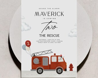 May include: A birthday invitation with a fire truck theme. The invitation features the text "Sound the Alarm! Maverick is Coming Two The Rescue." A red fire truck with a Dalmatian is on the bottom. Includes a red fire hydrant and balloons.