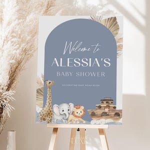 Noah&#39;s Ark Baby Shower Welcome Sign | Dusty Blue Biblical Baby Shower Template Digital | Baby Boy Poster | Safari Animals Printable | N65