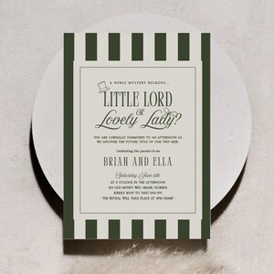 Invitación digital para revelación de género de Old Money / Pequeño señor o pequeña dama / Plantilla de rayas verdes / Revelación de género de Little Heir Legacy / OM