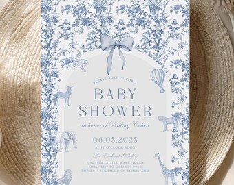 Safari Toile Baby Shower Invitation Digital | Blue Toile De Jouy Chinoiserie Baby Shower Template | Boy Baby Shower Invite Instant | BRIT