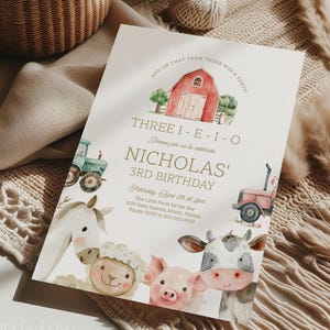 Three I E I O Birthday Invitation Digital | Editable Boy 3rd Birthday Farm Invite | Barnyard Birthday | Farm Birthday Party Template | NICK