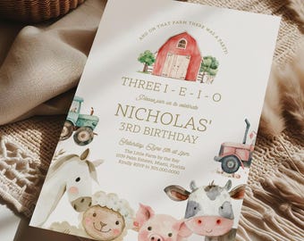 Three I E I O Birthday Invitation Digital | Editable Boy 3rd Birthday Farm Invite | Barnyard Birthday | Farm Birthday Party Template | NICK