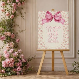 Love Shack Baby-welkomstbord digitaal | Poster roze bloemenstrik | Sjabloon flirt meisje babyshower | Afdrukbare Love Shack | ELIZ