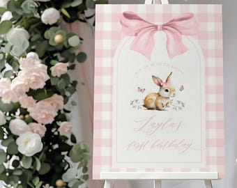 Panneau de bienvenue « Bunny is One » | de modèle d'affiche pour le 1er anniversaire de lapin rose à carreaux | Mignon signe de Pâques numérique | Noeud rose à imprimer, LAYLA