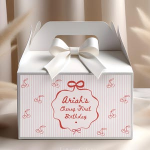 She is the Cherry On Top Gable Box Label Digital | Coquette Cherry 1st Birthday Favor Tag Template | Cute Bow Favor Box Printable, ARIAH