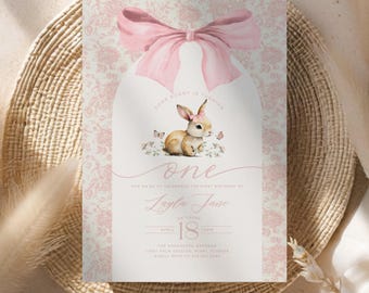 Verjaardagsuitnodiging Some Bunny is One | Sjabloon Toile Pink Bunny 1e verjaardag | Leuke paasuitnodiging | Afdrukbare verjaardag roze strik, LAYLA