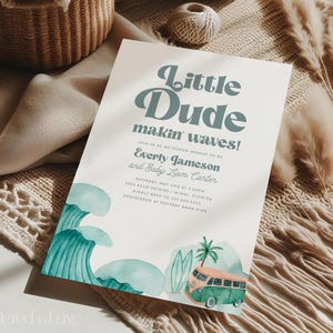 Little Dude Makin Wellen einladen | Surfen Sie Babypartyeinladung | Junge-Babyparty-Digital | Blaues Meer-Baby-Dusche druckbare Vorlage | BOB