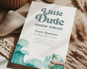 Little Dude Makin Waves-uitnodiging | Uitnodiging babyshower surfen | Jongensbabyshower digitaal | Afdrukbare sjabloon Blue Ocean babyshower | BOB