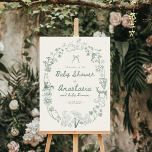 Letrero de bienvenida para baby shower con diseño de bosque / Plantilla para baby shower en color verde salvia / Lindo letrero de bosque imprimible / ANA