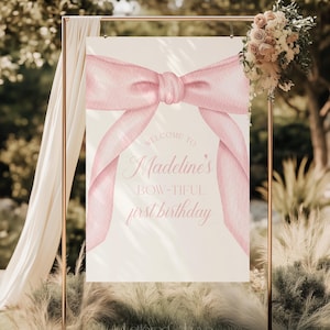 Pink Bow Welcome Sign, Editable Pink Bow 1st Birthday Welcome Sign, Minimalist Pink Watercolor Ribbon 1st Birthday Welcome Sign | MADELINE