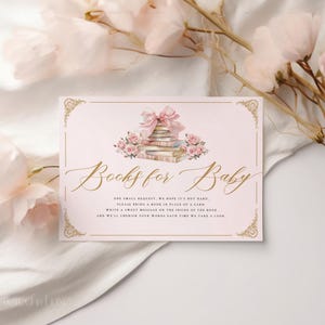 Carte livre Un nouveau chapitre commence | Livres de contes de fées pour baby shower | Modèle numérique pour baby shower New Chapter Books | noeud rose | Audrey