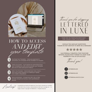 Op de afbeelding: Een digitaal downloadbare sjabloon voor een bruiloft of evenement. Het sjabloon heeft een minimalistisch ontwerp met een bloemenillustratie en het woord "ONE" in gouden letters. Het sjabloon is te koop en te bewerken via Templett.com. De afbeelding bevat ook instructies over hoe je toegang krijgt tot het sjabloon en het bewerkt.