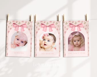 Fancy One Birthday Monthly Photo Banner | Pink Bow Birthday Pennant Garland Template | Girl 1st Birthday | Floral Pink Printable | ELLA