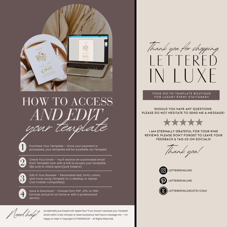 Puede incluir: Una plantilla de descarga digital para una boda o un evento. La plantilla presenta un dise&ntilde;o minimalista con una ilustraci&oacute;n floral y la palabra "ONE" en letras doradas. La plantilla est&aacute; disponible para su compra y edici&oacute;n a trav&eacute;s de Templett.com. La imagen tambi&eacute;n incluye instrucciones sobre c&oacute;mo acceder y editar la plantilla.
