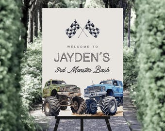 Op de afbeelding: Welkom bij Jayden's 3e Monster Bash feestbord met een geruit vlagontwerp en twee monstertrucks, een groene en een blauwe.