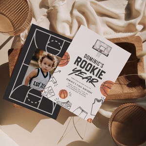 May include: A basketball-themed birthday invitation with a photo of a child in a basketball jersey. The invitation says "Dominic's Rookie Year" and features a basketball hoop, basketballs, and a basketball jersey.