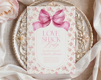 Love Shack baby-uitnodiging digitaal | Uitnodiging met roze bloemenstrik | Sjabloon flirt meisje babyshower | Afdrukbare Love Shack | ELIZ