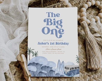 The Big One Digital Invite | Blue Surf Birthday Invitation Template | Boy 1st Birthday Party | Beach Birthday Party Decor Printable | ASH