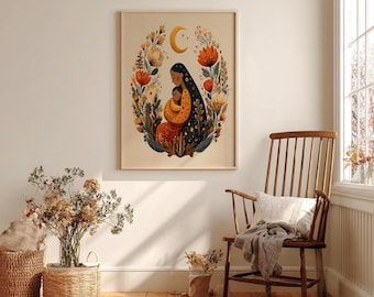 Folklorico Mother and Child Wall Art Print – Colorful Folk Art Home Decor, Boho Floral Illustration, Nursery Decor, Unique Gift Illustration