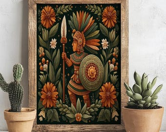 Stampa artistica di guerriero azteco, arte popolare messicana floreale mesoamericana, decorazione murale, poster folkloristico vibrante del deserto, illustrazione regalo unica