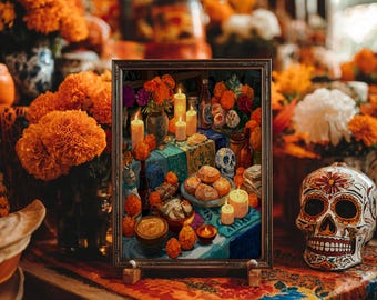 Dia De Los Muertos Altar Art Print – Floral Mexico Marigold Folk Art, Altar Painting Poster Print