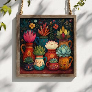 Puede incluir: Una impresión artística enmarcada con ilustraciones coloridas y estilizadas de varias suculentas y flores en macetas. La obra de arte presenta un fondo oscuro con flores vibrantes y macetas decorativas en tonos rojos, azules y amarillos. El marco es de madera.