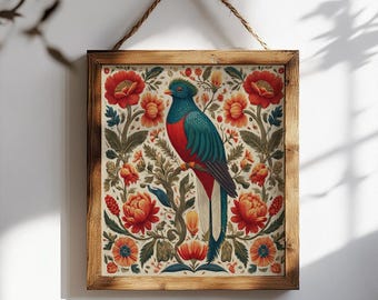 ケツァールの鳥の絵画 鳥の水彩画 アートプリント 赤 緑の鳥 壁アート