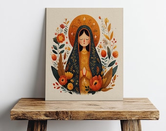Lámina artística de la Virgen Mexicana de Guadalupe Folklórica: colorida decoración de pared de arte popular de la Virgen María, regalo de bendición para el hogar católico del suroeste con motivos florales bohemios.
