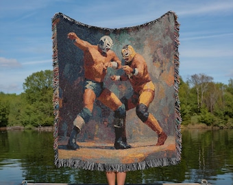 Manta tejida con arte de luchador: arte mural de lucha libre mexicana, lucha libre colorida, regalo único, decoración del hogar con diseño de luchador pop.