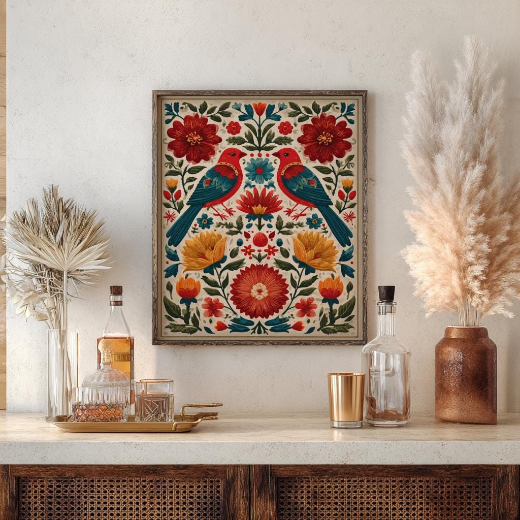 Folklorico Floral Art Print – Colorful Mexican Folk Art, Vibrant Red ...