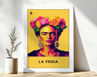 La Frida Lotería-kunstprint of -wenskaart– Aangepaste Frida-bloemenprint of -kaart, Kahlo Lotería-kaart, kleurrijke Mexicaanse poster