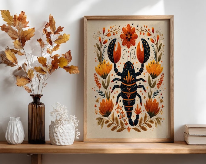 Folklorico Fall Scorpio Art Print Mexican Folk Art Zodiac Birthday Decor, Vibrant Boho Birthday Poster Vintage-Inspired Nov. Astrology Gift