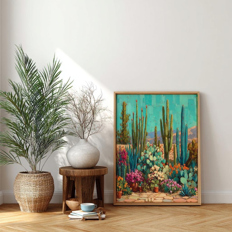 Desert Cactus Wall Art Print, Southwest Landscape Painting, Turquoise ...