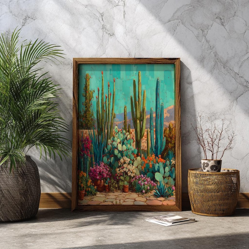 Desert Cactus Wall Art Print, Southwest Landscape Painting, Turquoise ...