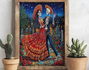 May include: A framed print depicts two skeletons dancing in a graveyard under a starry night sky. The skeletons are dressed in festive attire, with the female skeleton wearing a red dress and the male skeleton in a blue suit. The artwork is surrounded by red roses.