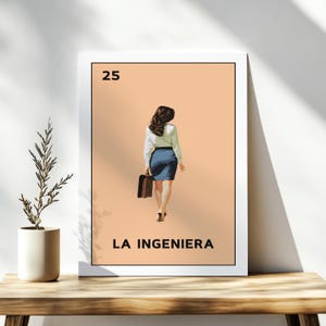 May include: A rectangular wall art print featuring a peach-colored background with the number 25 in the top left corner. The illustration depicts a person walking away, wearing a white long-sleeved shirt, a blue skirt, and carrying a brown briefcase.