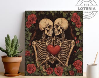 Impression d'art couple Dia de los muertos – couple squelette, amateurs de crânes romantiques squelette d'Halloween avec roses | Illustration de l'amour universitaire sombre
