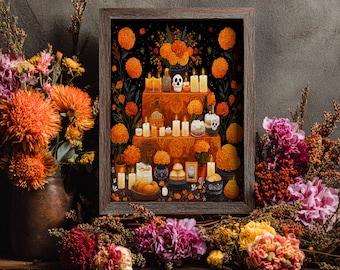 Dia De Los Muertos Altar Kunstdruck – Florale mexikanische Ringelblume Volkskunst, Tag der Toten Altarbild Posterdruck
