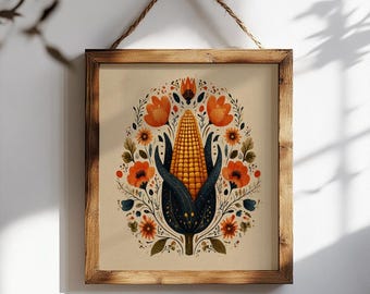 Folklorico Corn Art Print – Colorful Mexican Folk Art, Spring Wall Decor, Corn Boho Poster, Country Kitchen Art, Unique Gift Illustration