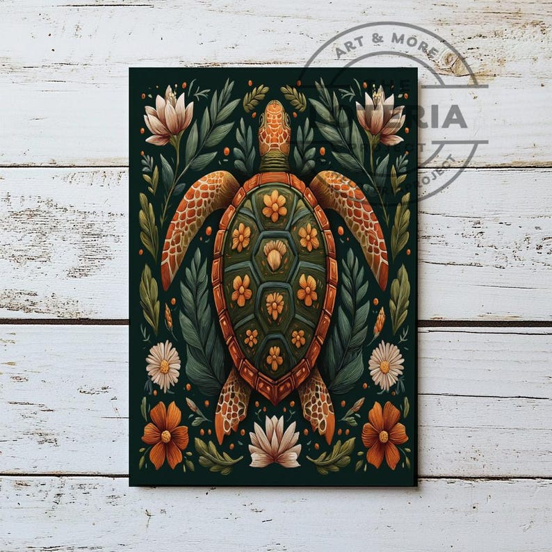 Folklorico Sea Turtle Folk Art Print– Floral, Ocean Animal Wall Decor ...