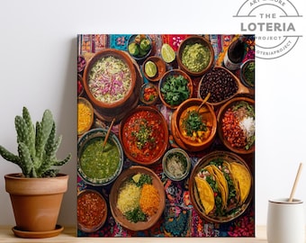 Lámina artística sobre la vida en la cocina mexicana: tacos, salsa, arte popular mexicano colorido, decoración de pared estilo boho del suroeste, platos tradicionales mexicanos.