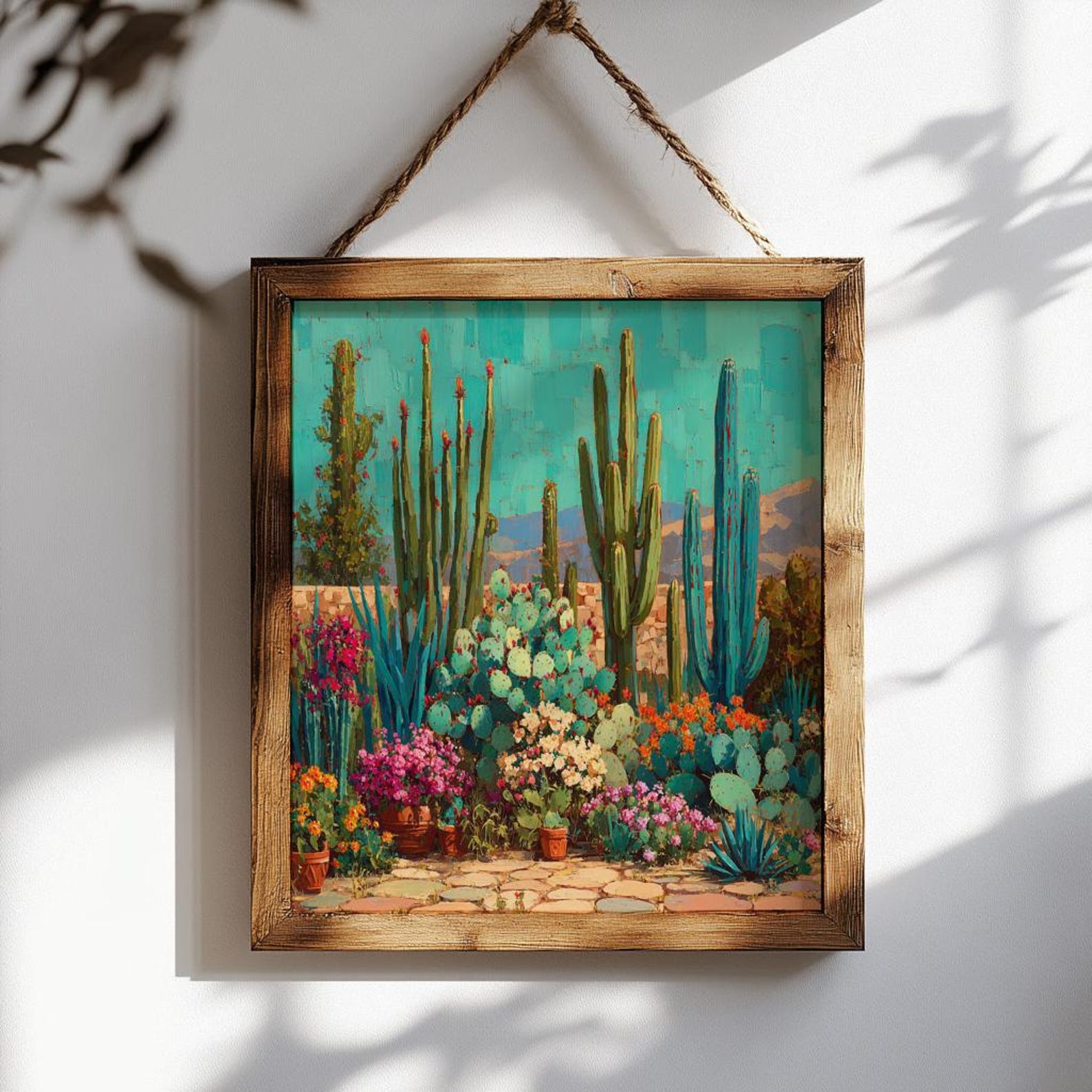 Desert Cactus Wall Art Print, Southwest Landscape Painting, Turquoise ...